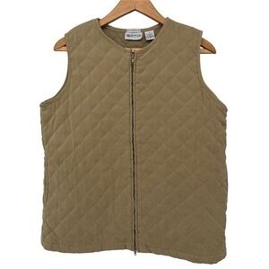 Aparenza Quilted Vest Tan Khaki Full Zip Diamond Stitch Transitional Size MD